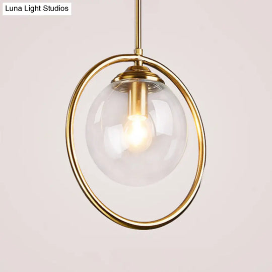 Postmodern Glass Pendant Light With Brass Ring For Bedroom - Single-Bulb Globe Down Lighting In