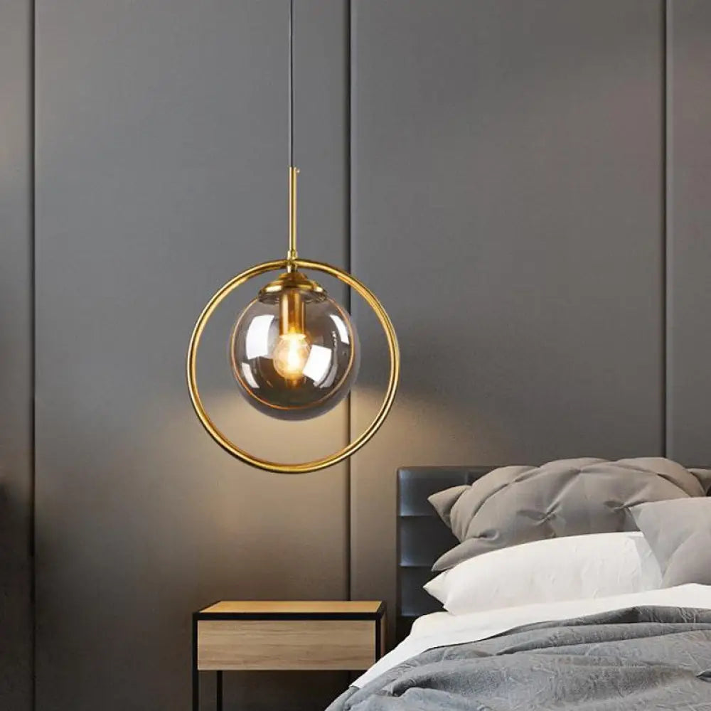 Postmodern Glass Pendant Light With Brass Ring For Bedroom - Single-Bulb Globe Down Lighting In
