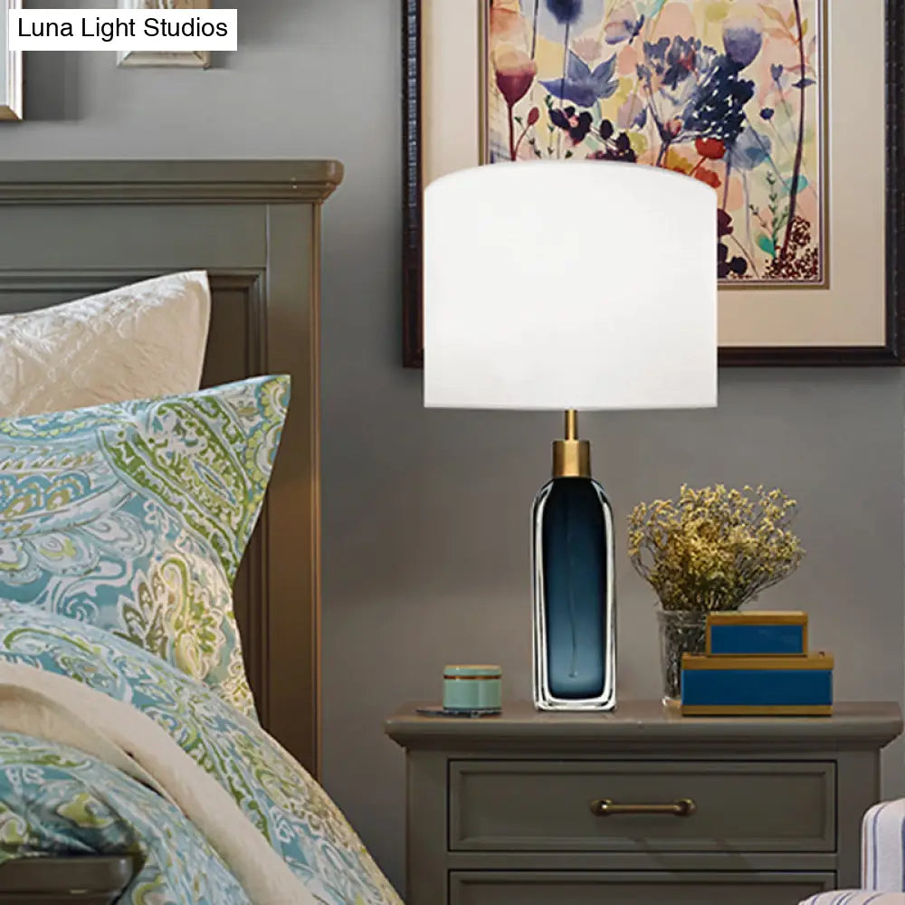 Postmodern Glass Pillar Table Lamp - Blackish Blue/Clear With Cylinder Fabric Shade