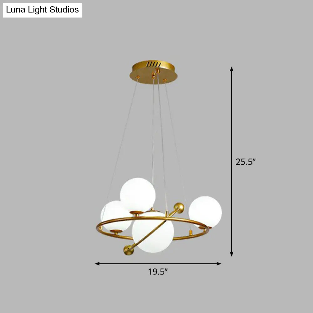 Modern Hanging Brass Chandelier Light For Living Room - Glass Planet Lamp 4 / White