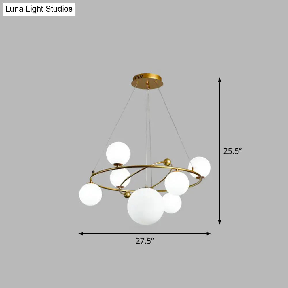 Modern Hanging Brass Chandelier Light For Living Room - Glass Planet Lamp 7 / White