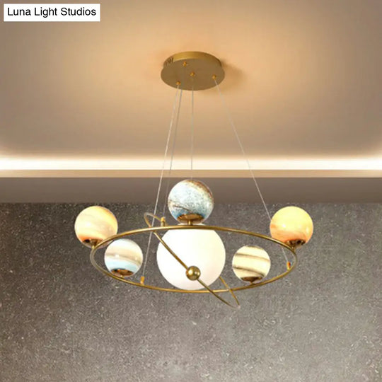 Postmodern Glass Planet Hanging Lamp With Brass Finish Ideal For Living Room