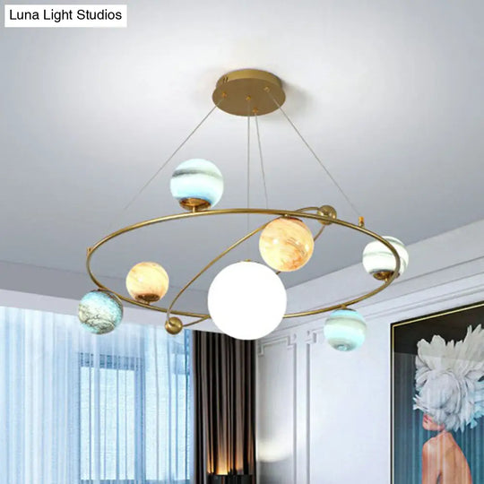 Postmodern Glass Planet Hanging Lamp With Brass Finish Ideal For Living Room