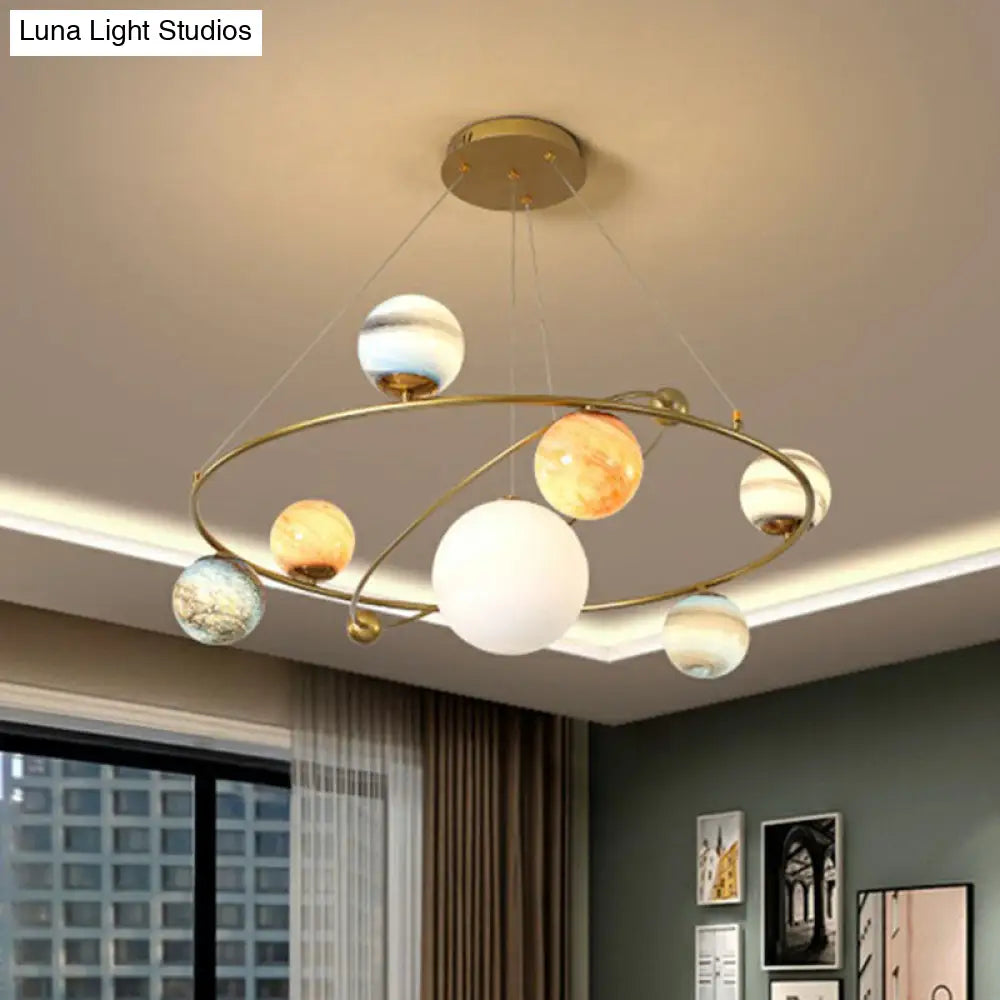 Postmodern Glass Planet Hanging Lamp With Brass Finish Ideal For Living Room