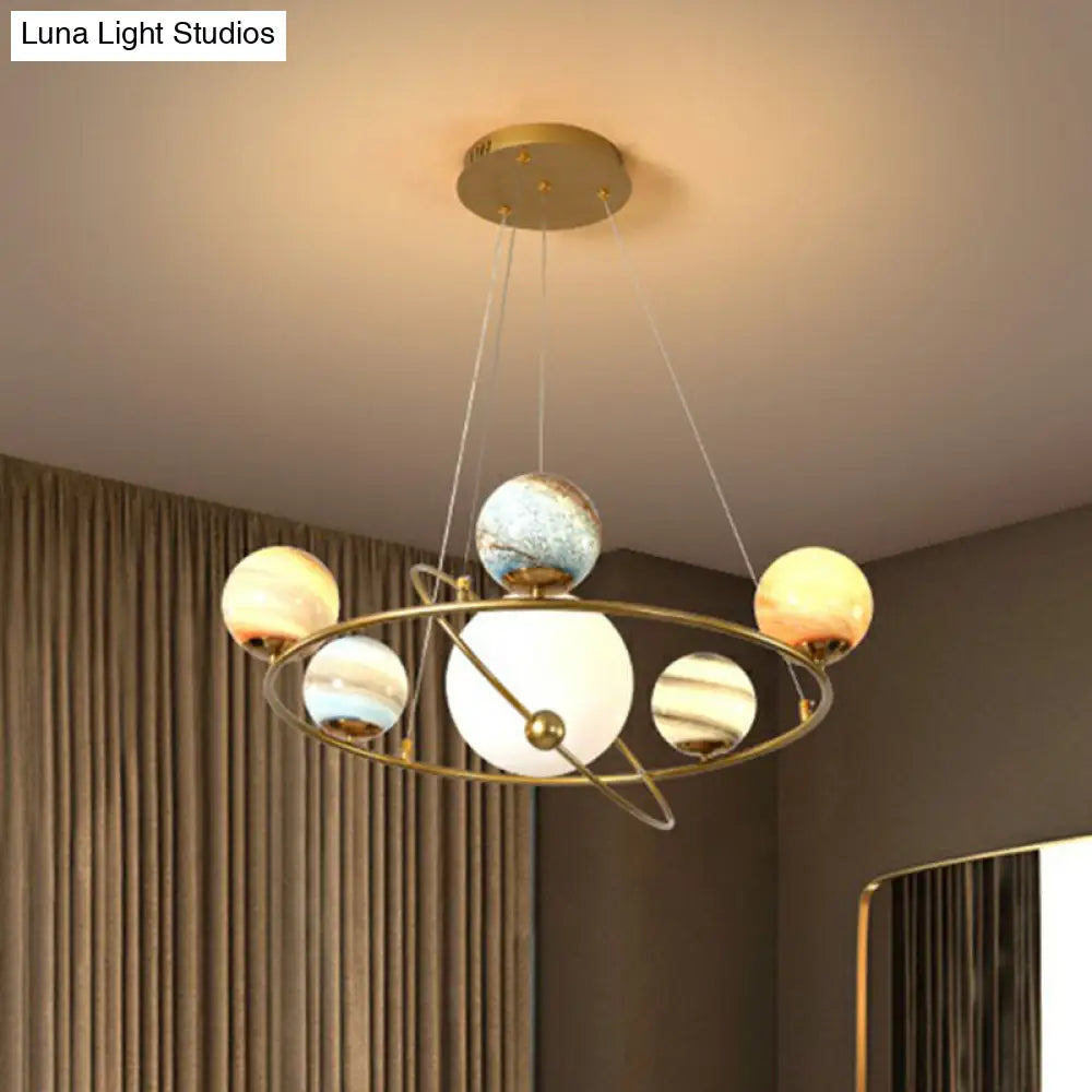 Postmodern Glass Planet Hanging Lamp With Brass Finish Ideal For Living Room