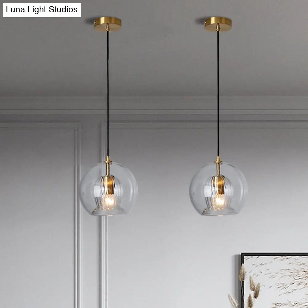 Postmodern Global Clear Glass Mini Hanging Light - 1 Brass Suspension Lamp 6/10 Wide