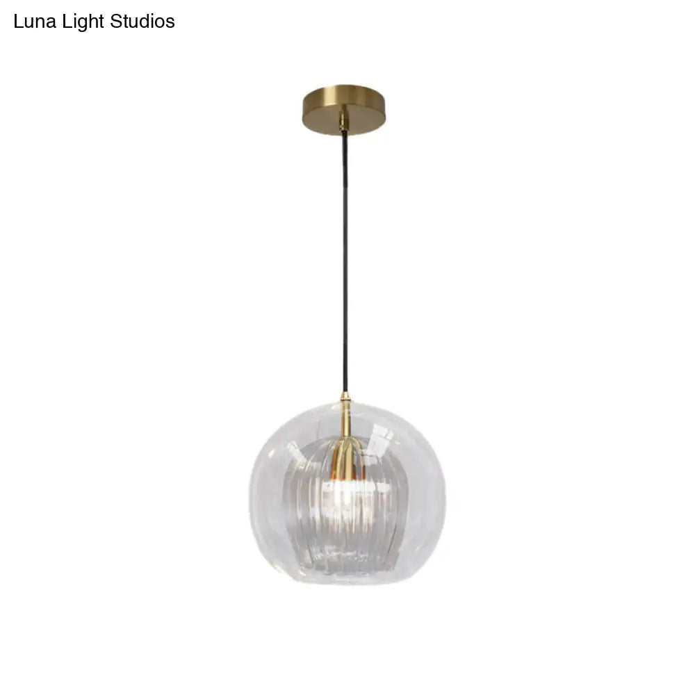 Postmodern Global Clear Glass Mini Hanging Light - 1 Brass Suspension Lamp 6/10 Wide