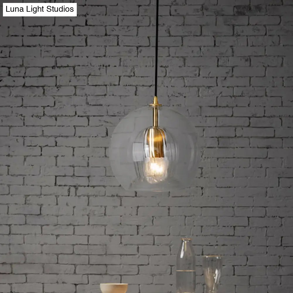 Postmodern Global Clear Glass Mini Hanging Light - 1 Brass Suspension Lamp 6/10 Wide / 6