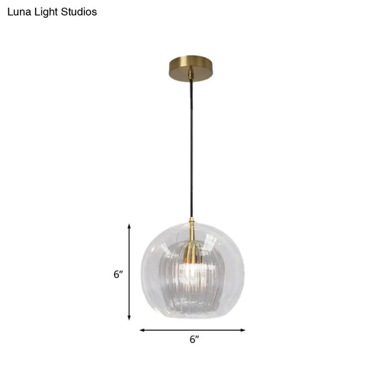 Postmodern Global Clear Glass Mini Hanging Light - 1 Brass Suspension Lamp 6/10 Wide