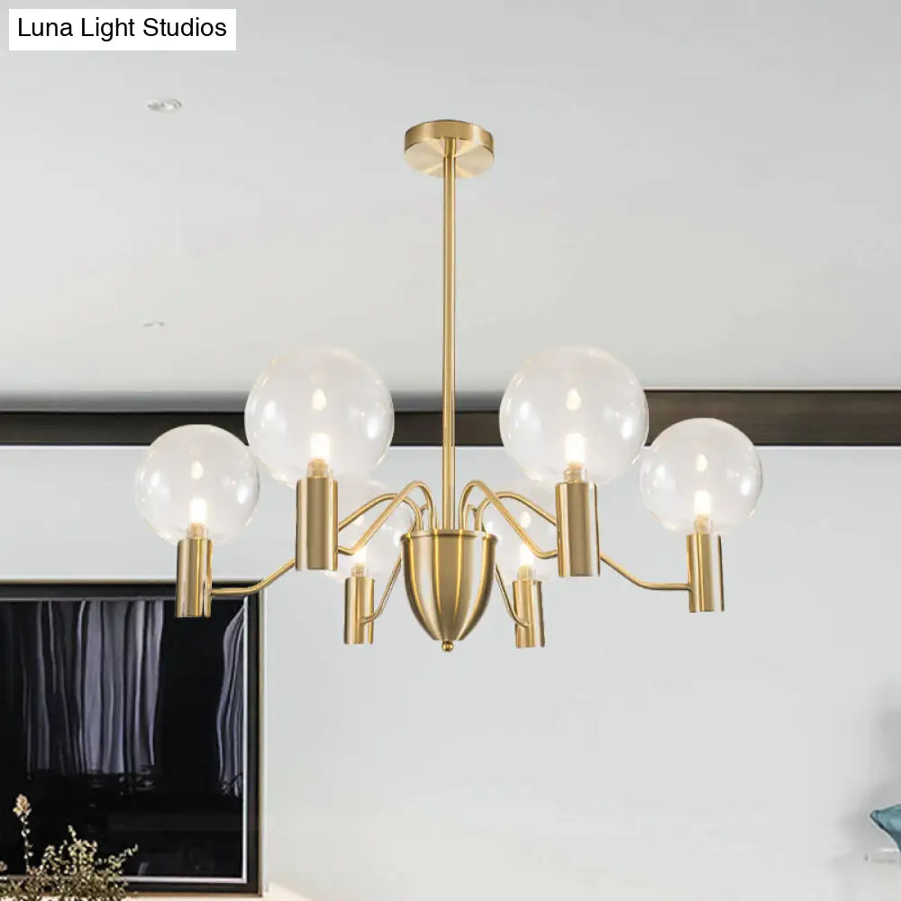 Postmodern Gold 6-Light Chandelier: Spherical Suspension Pendant With Clear Glass Shade