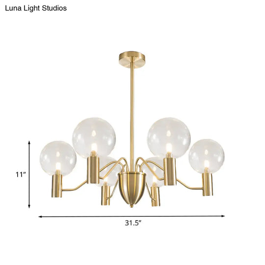 Postmodern Gold 6-Light Chandelier: Spherical Suspension Pendant With Clear Glass Shade