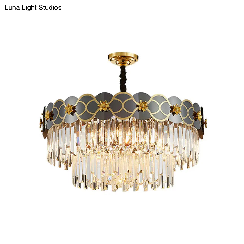 Postmodern Gold-Black Ceiling Chandelier With Crystal Decor - Floral Metallic Lighting Fixture