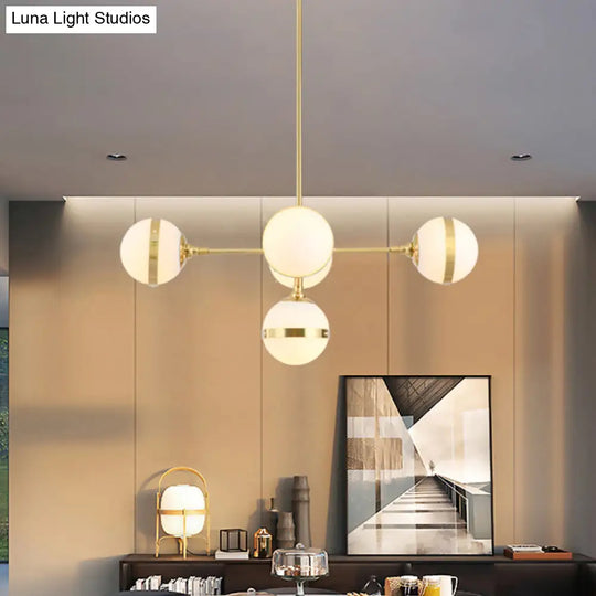 Postmodern Gold Branch Pendant Light With White Ball Glass - 3/5-Light Suspension Lamp Kit