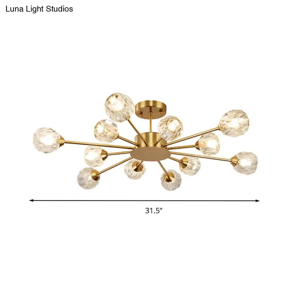 Postmodern Gold Ceiling Lamp With 12 Heads: Clear Faceted Crystal Sputnik Semi - Flush Mount Fixture