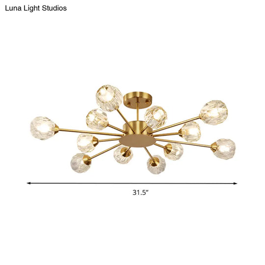 Postmodern Gold Ceiling Lamp With 12 Heads: Clear Faceted Crystal Sputnik Semi - Flush Mount Fixture