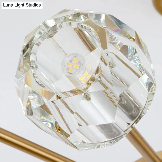 Postmodern Gold Ceiling Lamp With 12 Heads: Clear Faceted Crystal Sputnik Semi - Flush Mount Fixture