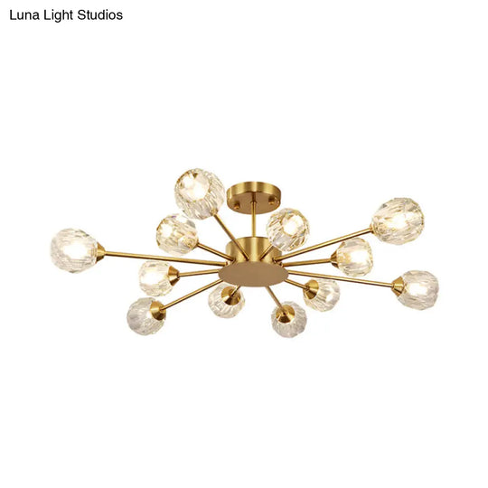 Postmodern Gold Ceiling Lamp With 12 Heads: Clear Faceted Crystal Sputnik Semi-Flush Mount Fixture