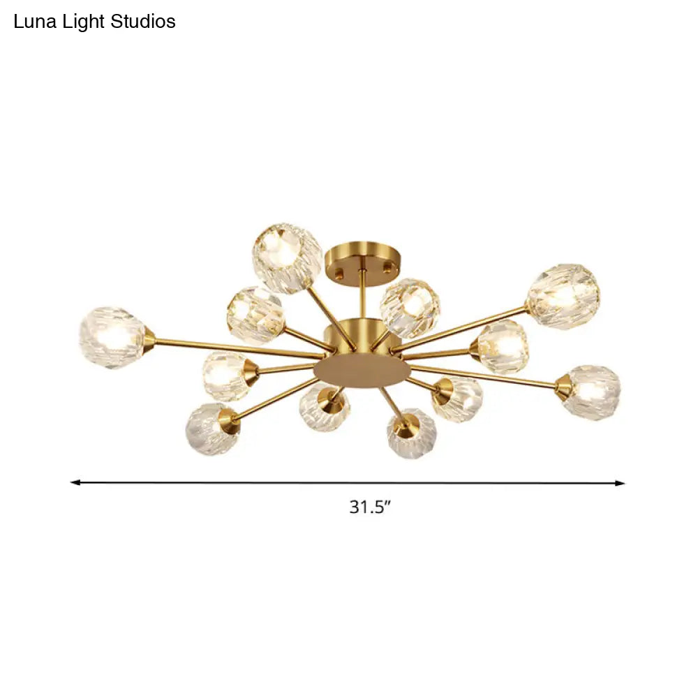 Postmodern Gold Ceiling Lamp With 12 Heads: Clear Faceted Crystal Sputnik Semi-Flush Mount Fixture