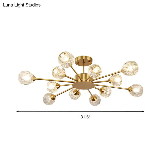 Postmodern Gold Ceiling Lamp With 12 Heads: Clear Faceted Crystal Sputnik Semi-Flush Mount Fixture