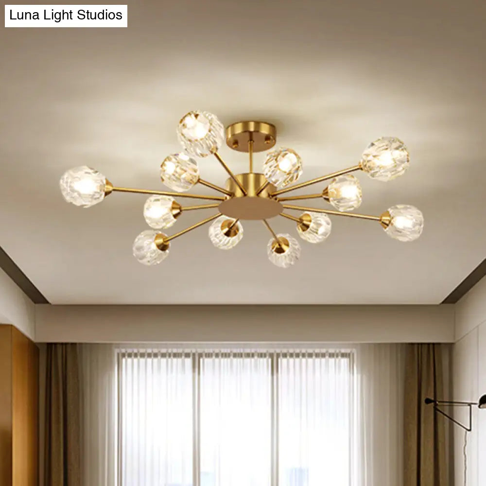 Postmodern Gold Ceiling Lamp With 12 Heads: Clear Faceted Crystal Sputnik Semi-Flush Mount Fixture