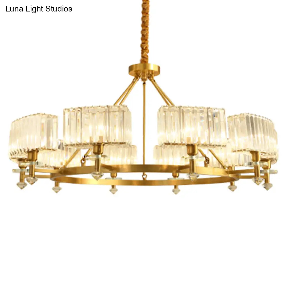 Postmodern Gold Chandelier Ceiling Light For Living Room - Circle Shaped Crystal Block Fixture