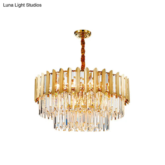 Gold Prismatic Crystal Drum Ceiling Light - Postmodern Chandelier Fixture / 1 Tier 31.5