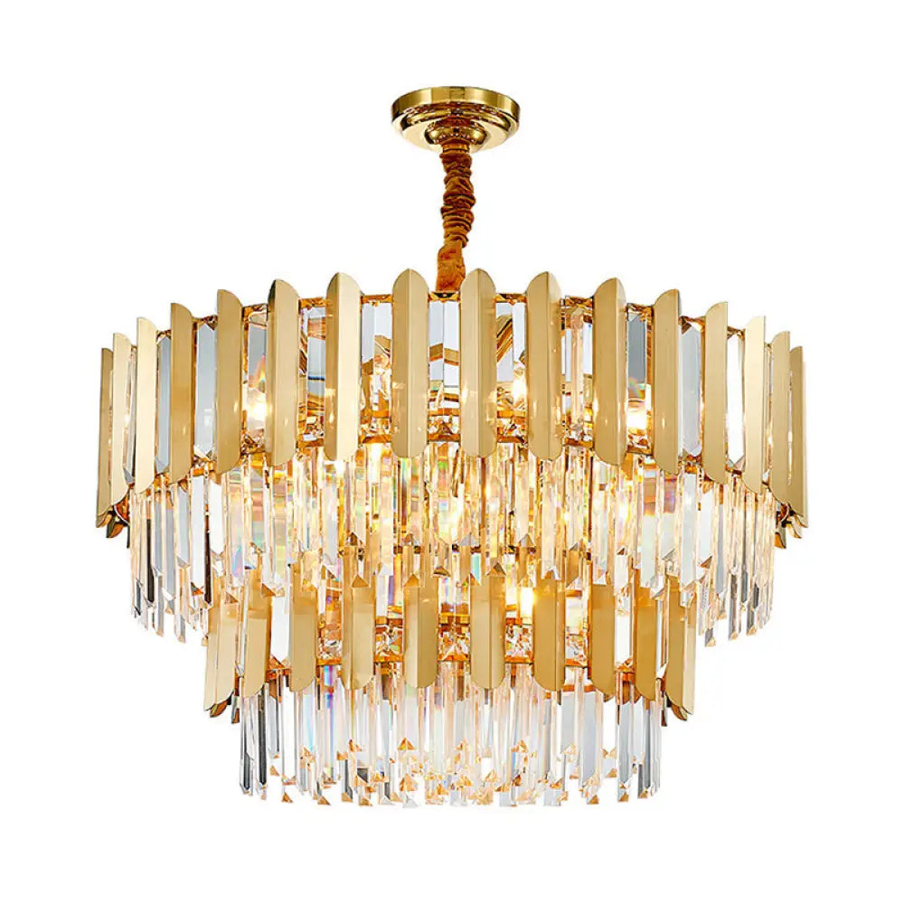 Postmodern Gold Chandelier - Prismatic Crystal Drum Ceiling Light Fixture / 2 Tiers 31.5’