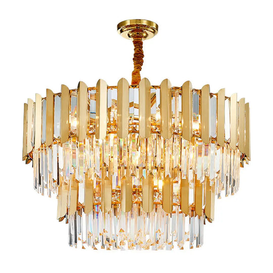 Postmodern Gold Chandelier - Prismatic Crystal Drum Ceiling Light Fixture / 2 Tiers 39.5’