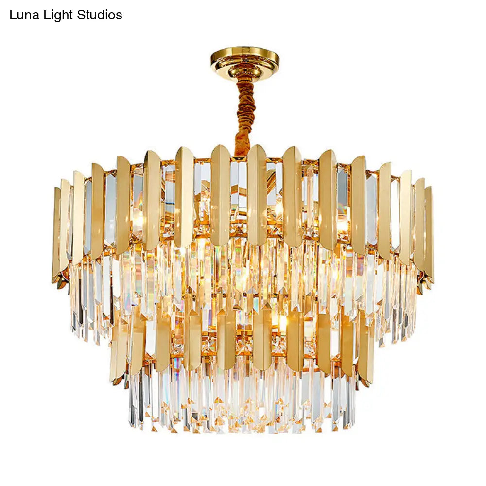 Gold Prismatic Crystal Drum Ceiling Light - Postmodern Chandelier Fixture / 2 Tiers 31.5