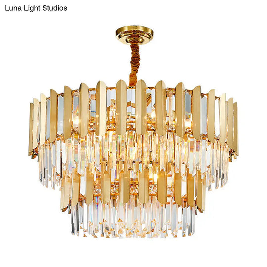 Gold Prismatic Crystal Drum Ceiling Light - Postmodern Chandelier Fixture / 2 Tiers 31.5