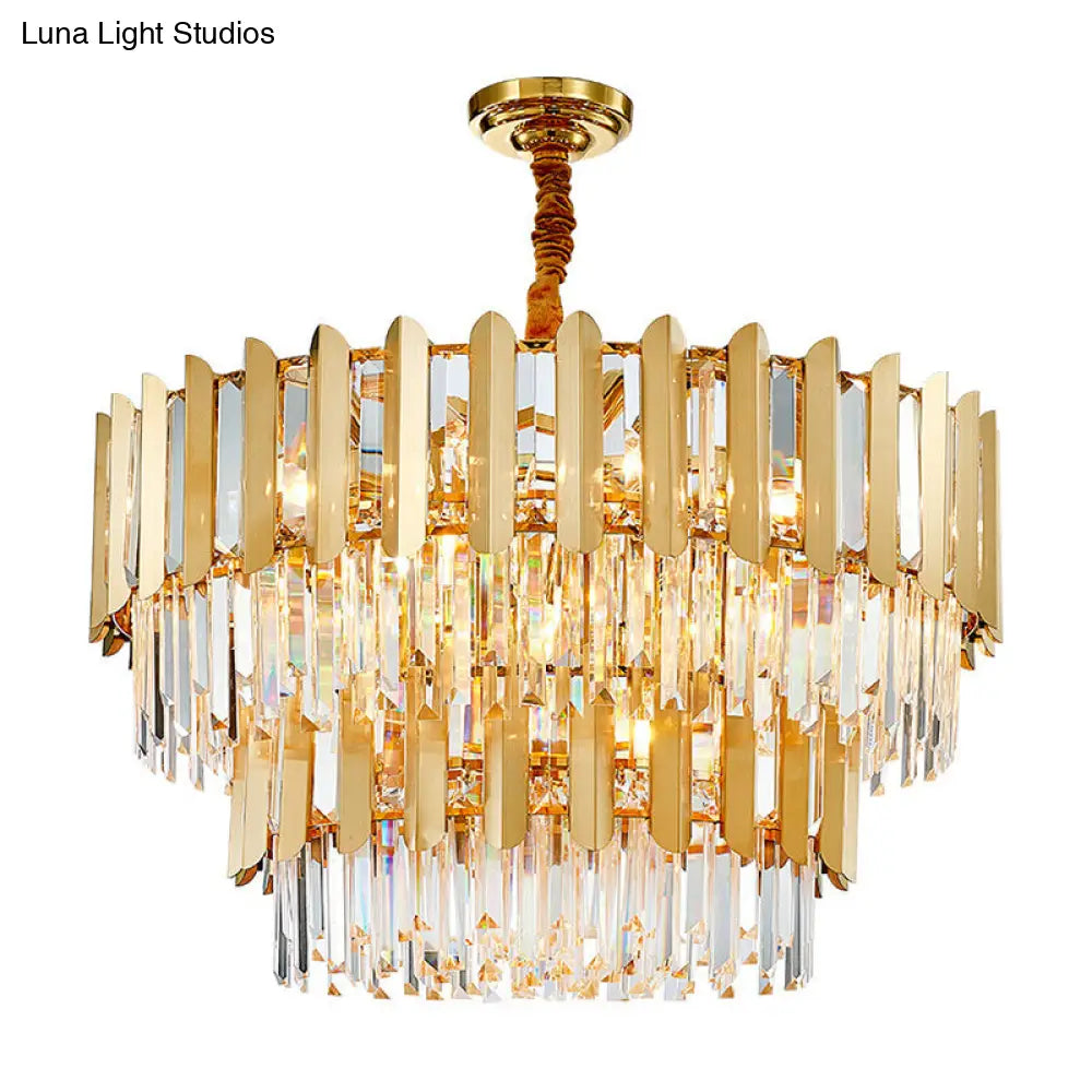 Gold Prismatic Crystal Drum Ceiling Light - Postmodern Chandelier Fixture / 2 Tiers 39.5