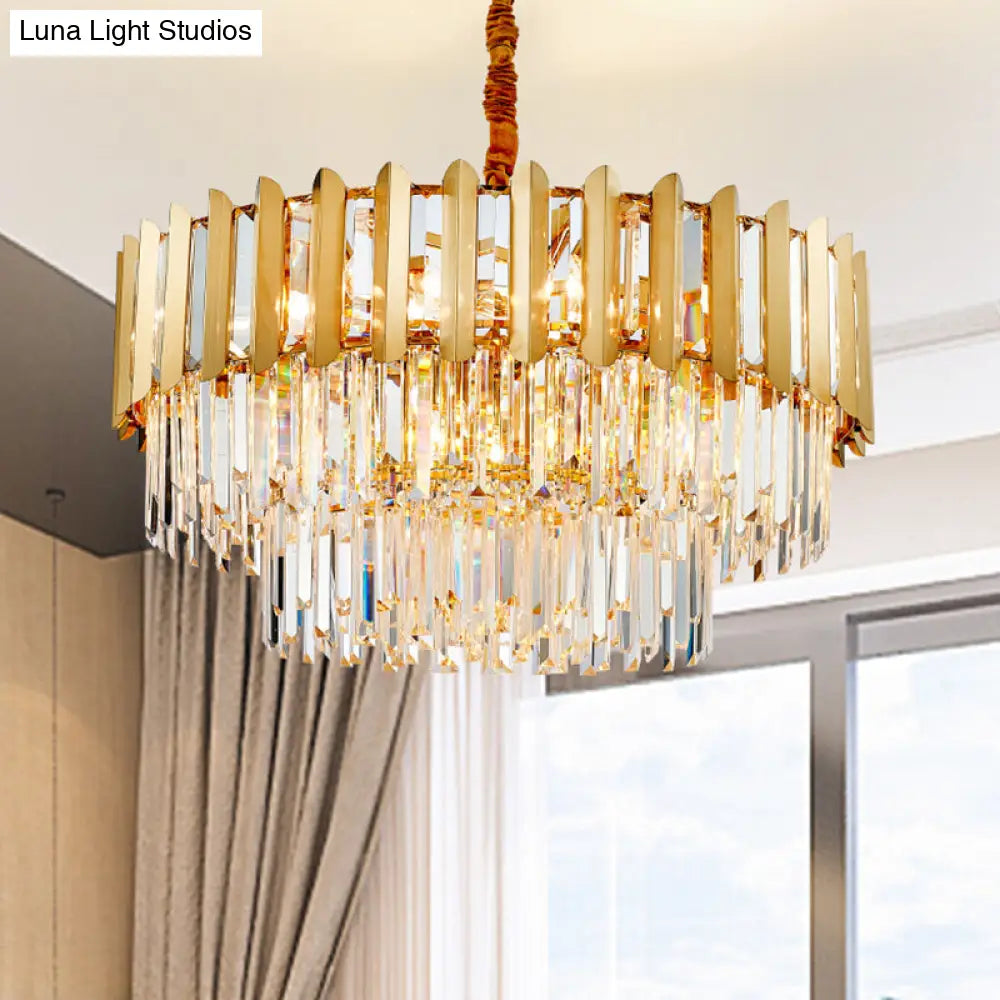 Postmodern Gold Chandelier - Prismatic Crystal Drum Ceiling Light Fixture