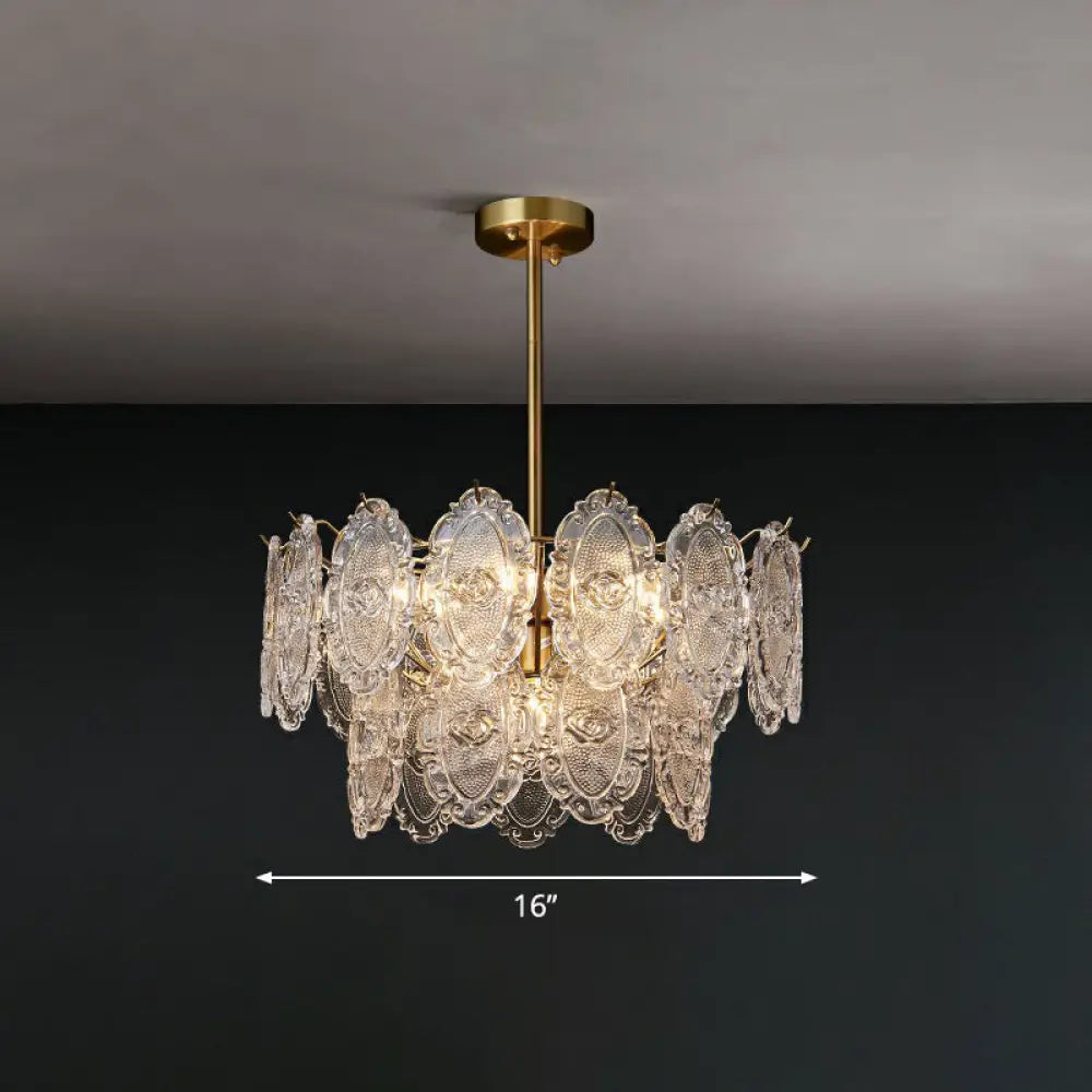 Postmodern Gold Chandelier With Carved Glass Tiers For Dining Room Lighting 5 /