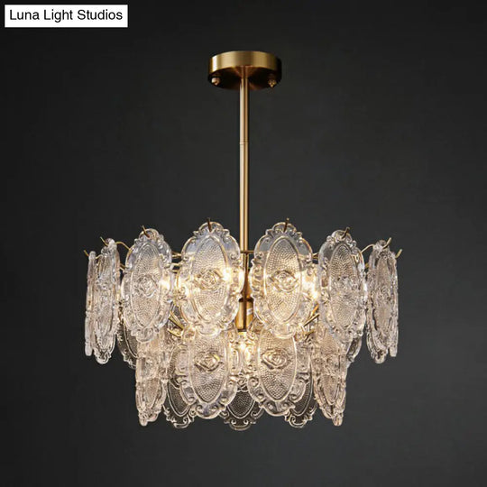 Postmodern Gold Chandelier With Carved Glass Tiers For Dining Room Lighting