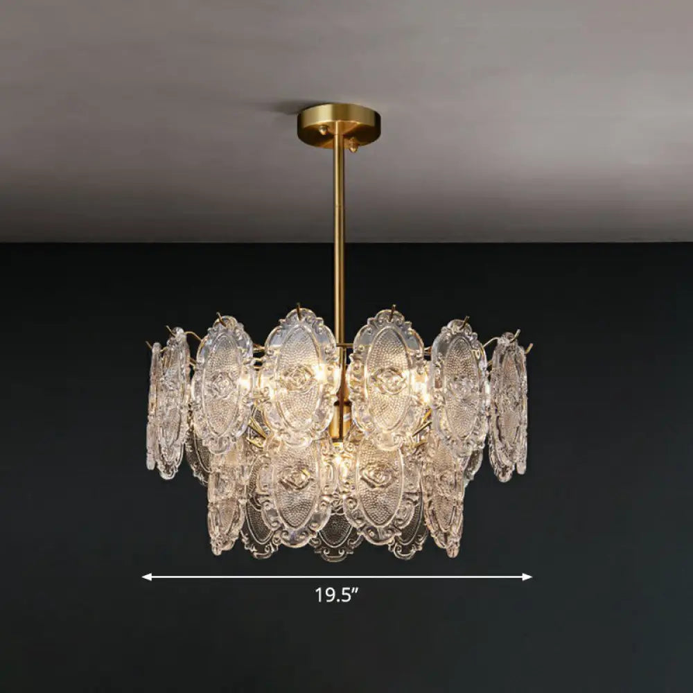 Postmodern Gold Chandelier With Carved Glass Tiers For Dining Room Lighting 7 /