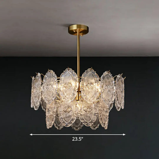 Postmodern Gold Chandelier With Carved Glass Tiers For Dining Room Lighting 9 /