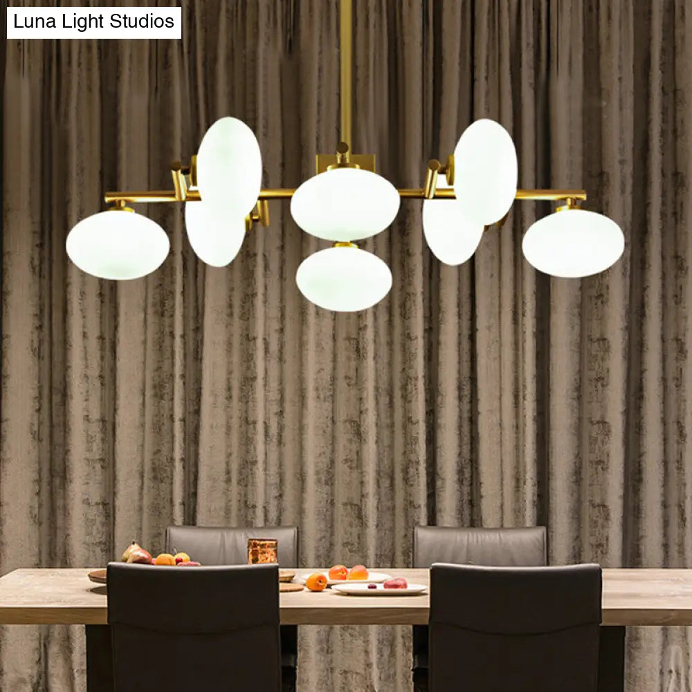 Gold Branched Dinette Chandelier: Light Cream Ovale Glass Suspension Lamp 8-Bulb Postmodernist