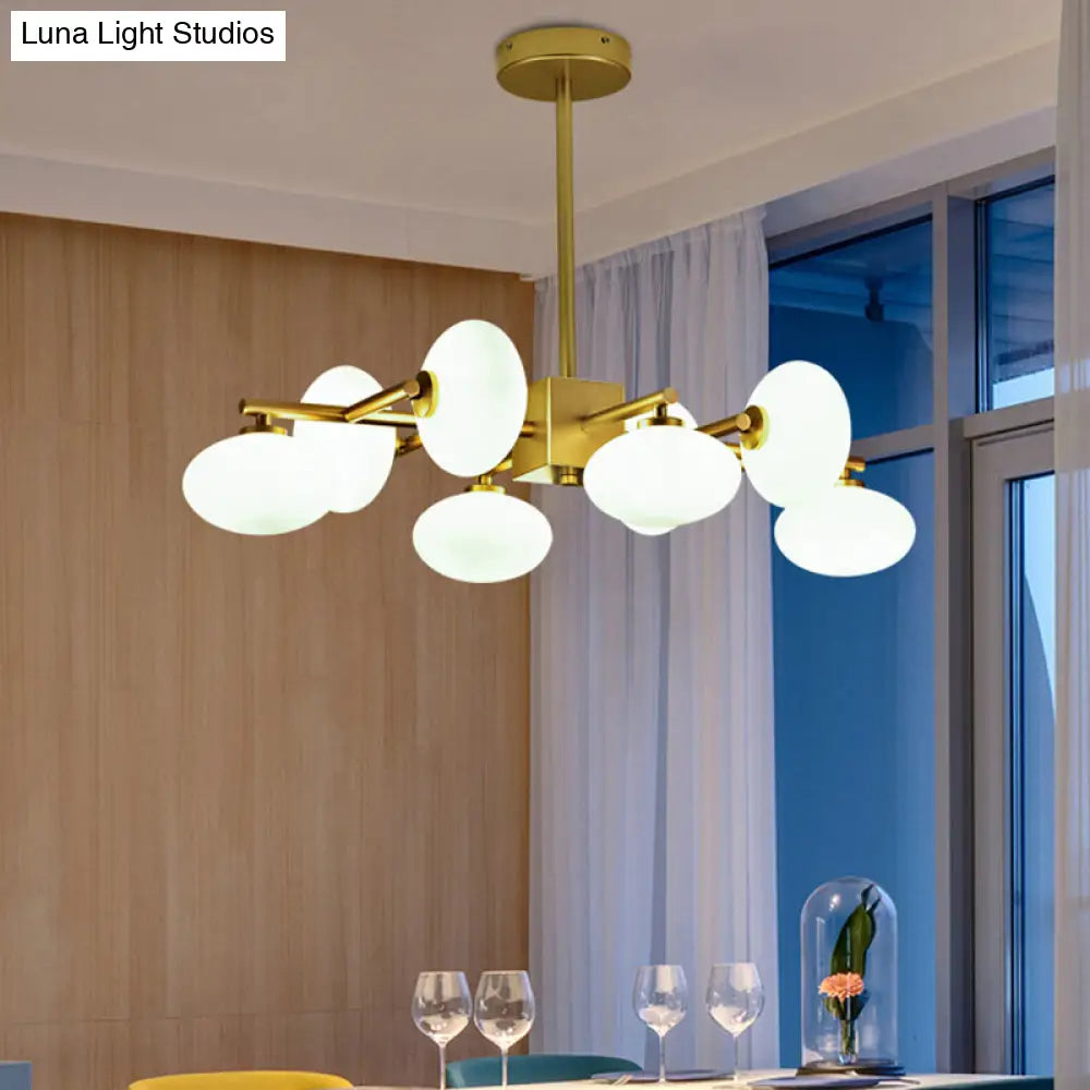 Gold Branched Dinette Chandelier: Light Cream Ovale Glass Suspension Lamp 8-Bulb Postmodernist