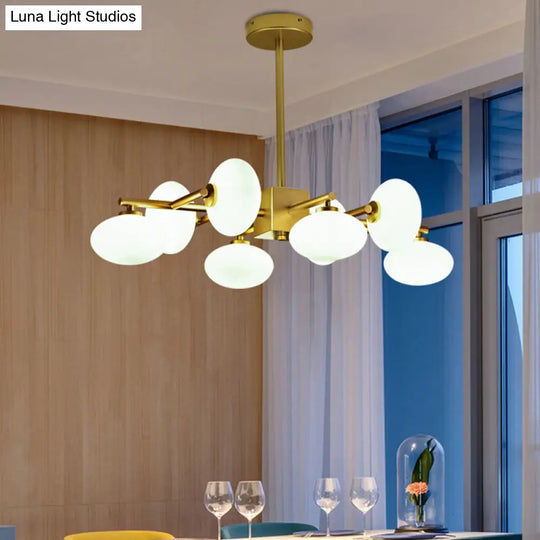 Gold Branched Dinette Chandelier: Light Cream Ovale Glass Suspension Lamp 8-Bulb Postmodernist