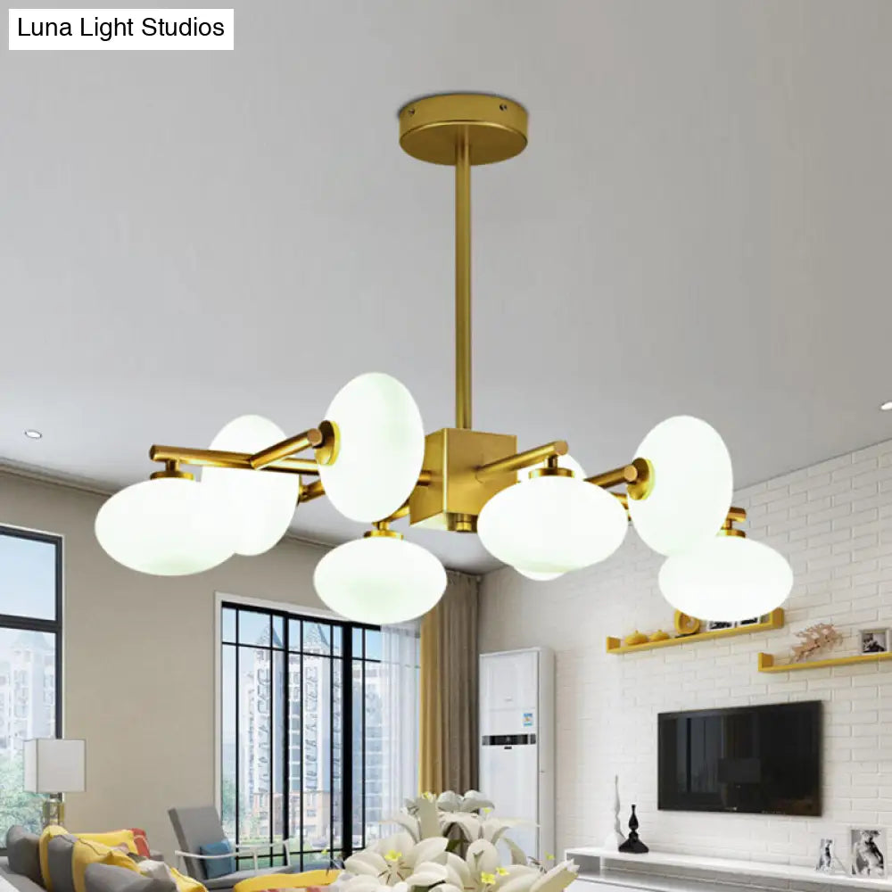 Gold Branched Dinette Chandelier: Light Cream Ovale Glass Suspension Lamp 8-Bulb Postmodernist