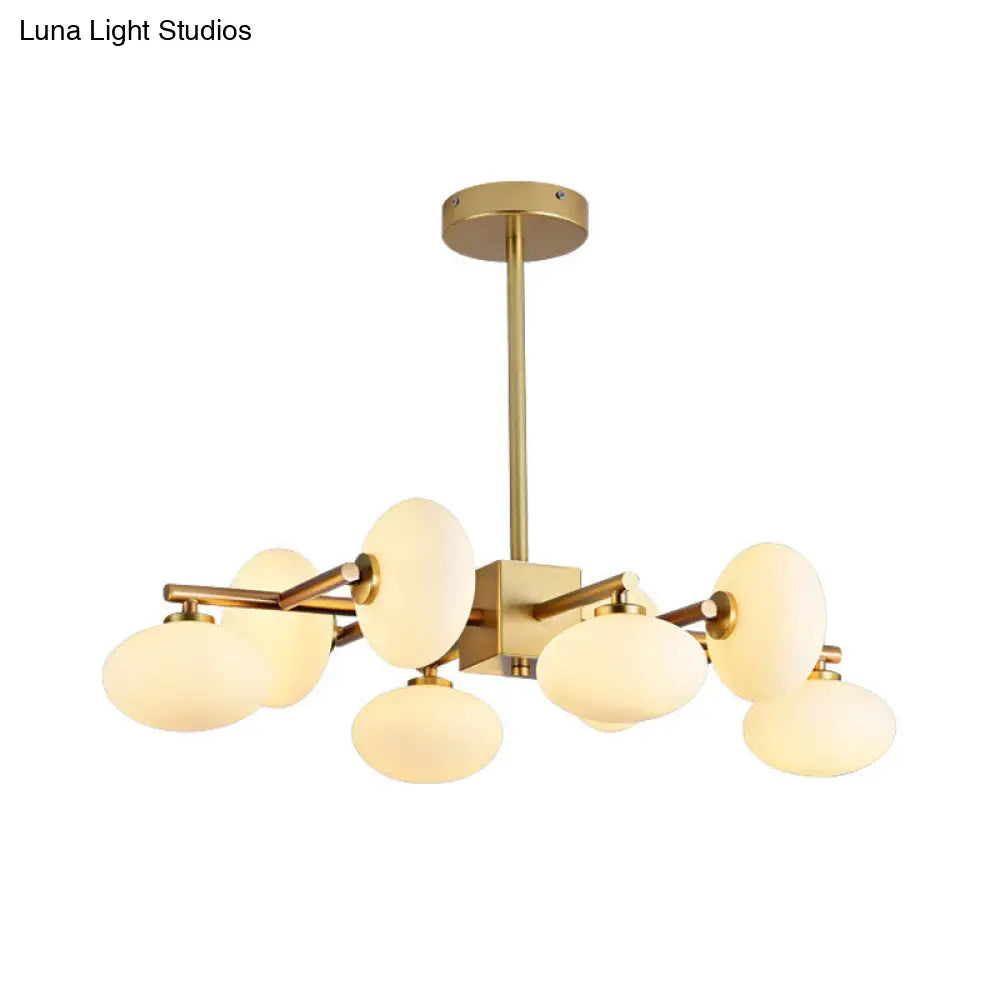 Gold Branched Dinette Chandelier: Light Cream Ovale Glass Suspension Lamp 8-Bulb Postmodernist