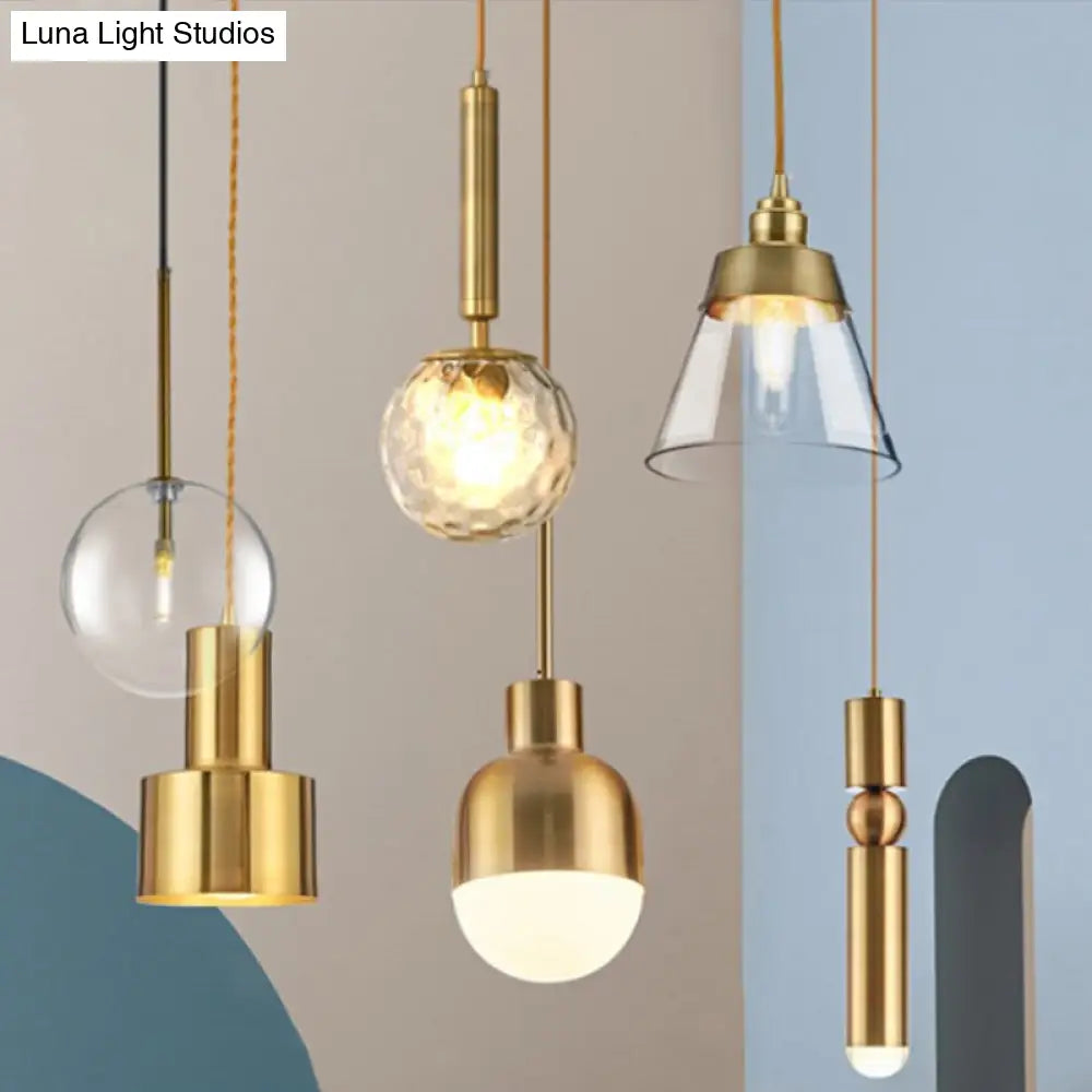 Postmodern Gold Conical/Hoop/Grenade Hanging Lamp - 1-Light Metal/Clear Glass Suspension Pendant