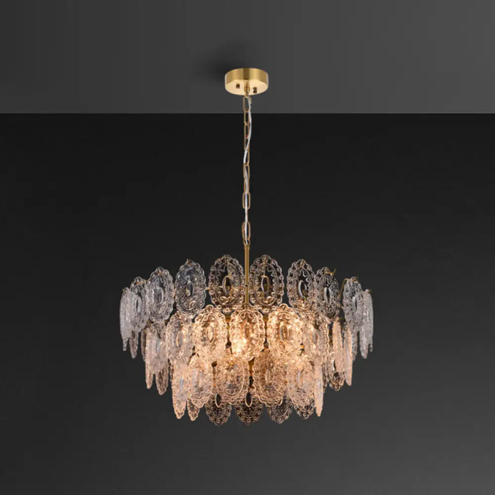 Postmodern Gold Crystal Ceiling Chandelier For Living Room - Elegant Tiered Carved Design 14 /