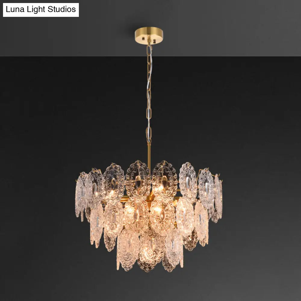 Postmodern Gold Crystal Chandelier For Living Room - Elegant Tiered Carved Ceiling Lighting Fixture