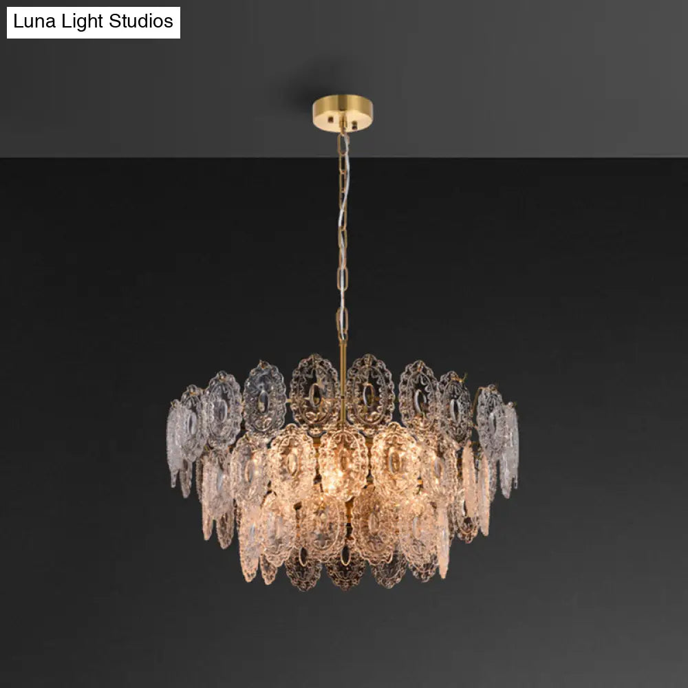 Postmodern Gold Crystal Chandelier For Living Room - Elegant Tiered Carved Ceiling Lighting Fixture