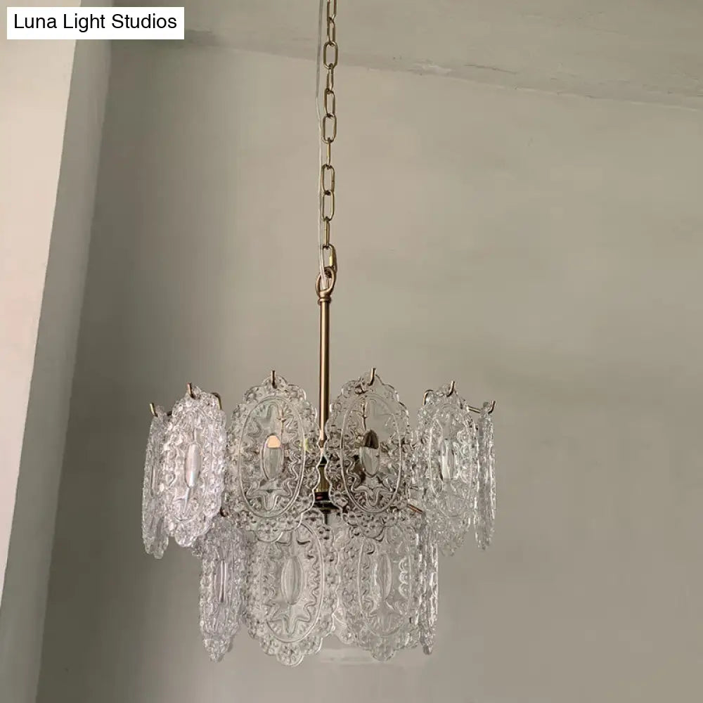 Postmodern Gold Crystal Chandelier For Living Room - Elegant Tiered Carved Ceiling Lighting Fixture