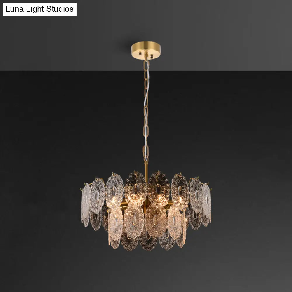 Postmodern Gold Crystal Chandelier For Living Room - Elegant Tiered Carved Ceiling Lighting Fixture