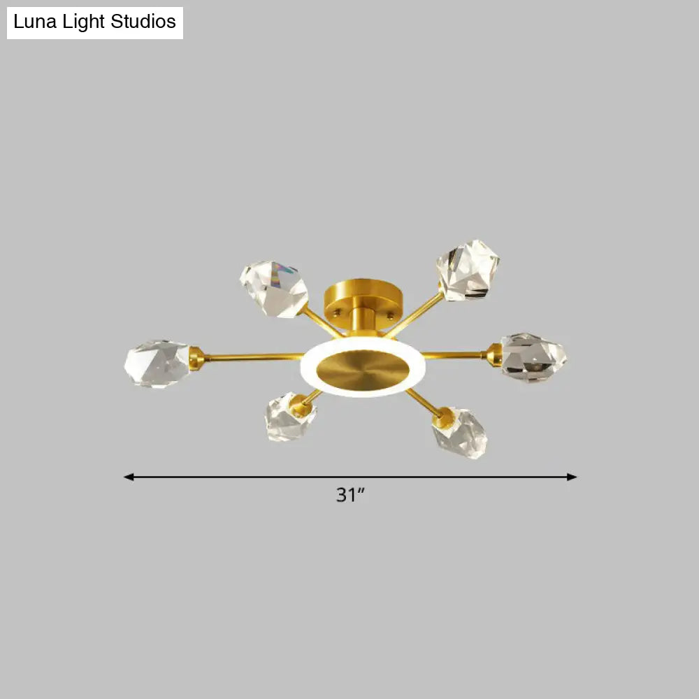Postmodern Gold Crystal Led Ceiling Light With Radial Semi Mount For Bedroom