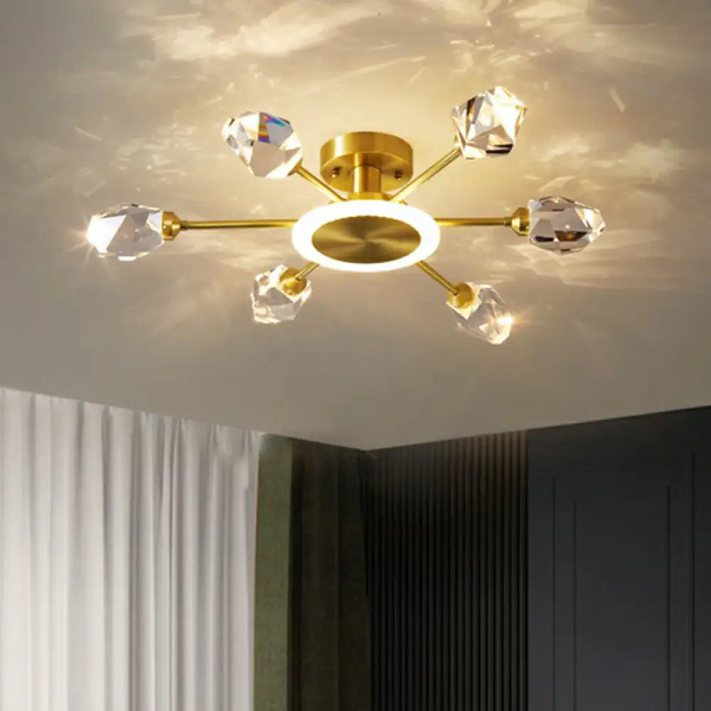 Postmodern Gold Crystal Led Ceiling Light With Radial Semi Mount For Bedroom 7 /