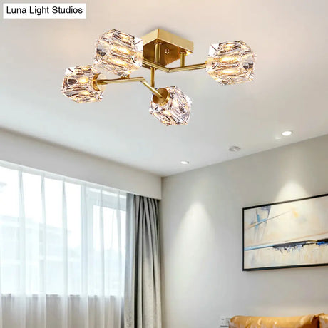 Postmodern Gold Crystal Semi Flush Mount Ceiling Light - Cubic Dimpled Design (4/6 Heads)